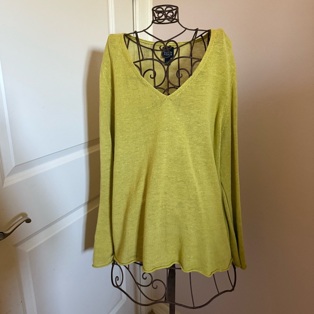 Eileen Fisher Lime Green V-Neck Knit Sweater size XL